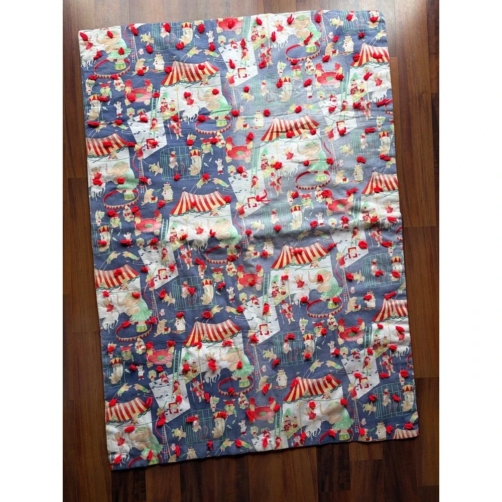 Vintage Handmade Circus Nursery Quilt Blue Red Elephant Big Top Tufted‎ Cotton